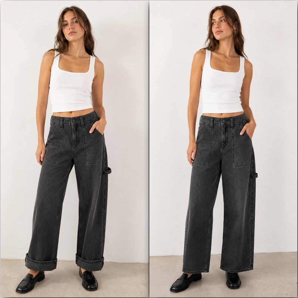 Free People We The Free Black Wash Major Leagues Cuffed Carpenter Utility Jeans